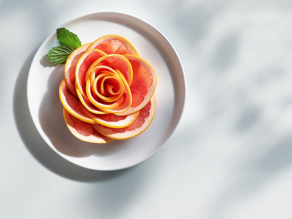 Grapefruit slices arranged in a flower shape with two mint leaves on a plate – used in the context of lipid emulsions containing Omega-3 fatty acids.