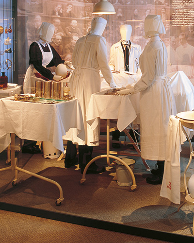 Operation room scene from 19 century shown in surgery museum asclepius