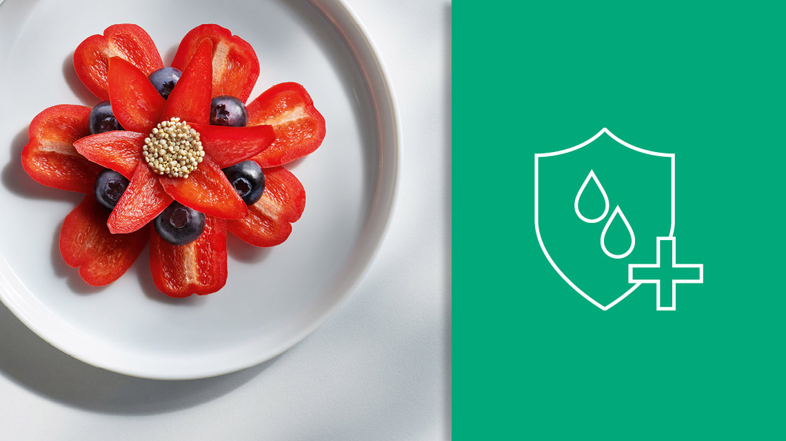 Red pepper slices, blueberries and millet arranged like a flower on a white plate. On a green background on the right, a shield icon with two droplets and a plus symbolizes compatibility and stability.